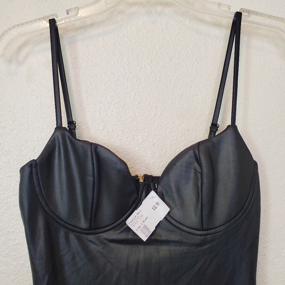 Fashion Nova Rita Faux Leather Midi Dress Black Bustier Bodycon Small NEW - Picture 2 of 12
